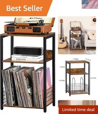 Compact Record Player Stand with Storage for 100 Albums Retro Brown Finish