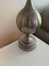 Brushed Nickel Silver Metal Table Lamp Beige Solid Drum Fabric Shade Switch