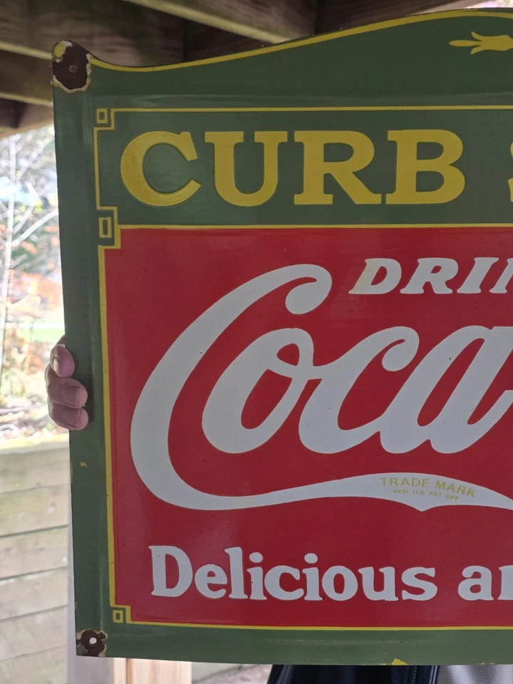 HUGE VINTAGE DRINK COCA-COLA CURB SERVICE PORCELAIN SIGN  27"x18" - Image 2 of 4