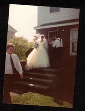 Vintage Photograph Gorgeous Bride in Beautiful Wedding Dress at Top of Stairs