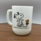 Anchor Hocking Vintage SNOOPY WOODSTOCK LIFE PURE JOY Milk Glass MUG Cup Peanuts