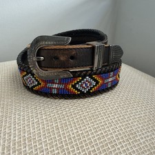 VTG Beaded Leather Belt Size 30 Southwestern Aztec Silver Buckle Country Western