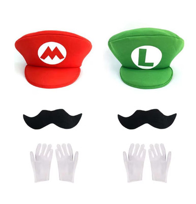 Red Green Super Bros Hats Set Mary Luigy Caps Mustaches Gloves for Halloween
