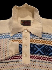Vintage Jersild Fair Isle Knit Sweater L Tall Nordic Orlon Polo Pullover 60s/70s