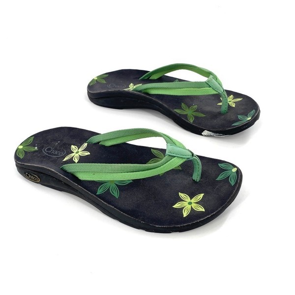 Chaco Women's Flip Flops Thong Sandals Sz 7 Black Green Floral Casual Summer