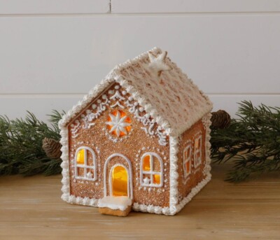 New Christmas WHITE FROSTED STAR GINGERBREAD HOUSE LIGHTED