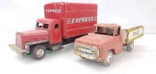2 Vintage Tin Trucks Express Box And Service Both Friction Motor Made In Japan