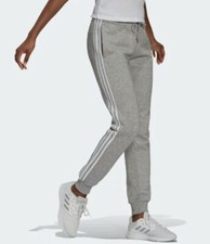 Adidas Women's Essentials Fleece Tapered Cuff Pant Grey White Stripes Small Slim