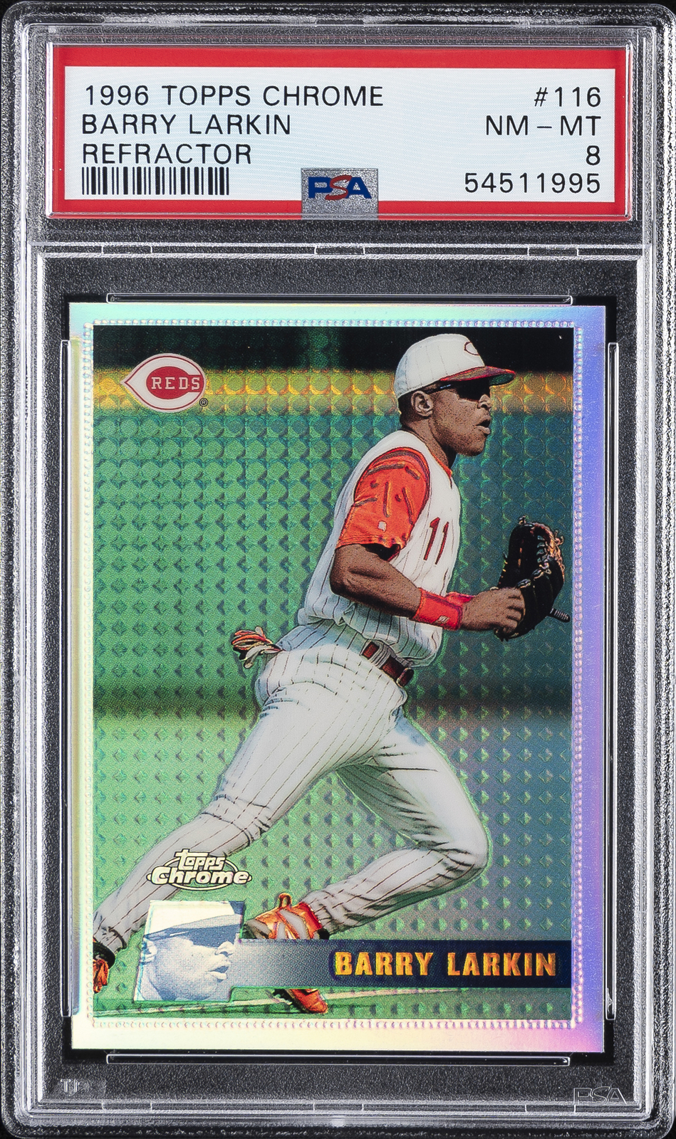 1996 TOPPS CHROME REFRACTOR #116 BARRY LARKIN PSA 8