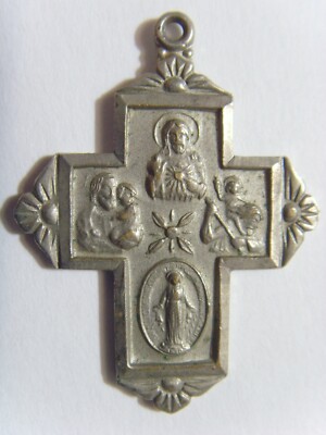 antique catholic Saints religious four ways cross silver tone pendant 51646