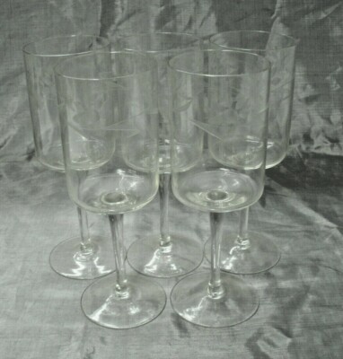 Vtg Unknown Mfr. UNK324 Set of 5-7 5/8'' Water Goblet Cut to Gray Flowers Leaves