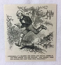 1882 small magazine engraving ~ GWENDOLIN ~ man with gun sprints across stream