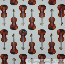 BonEful Fabric FQ Cotton Quilt White Brown Violin Music Band Girl Gold Metallic