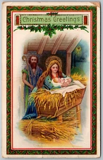 CHRISTMAS GREETINGS 1914 Embossed Postcard Nativity Scene