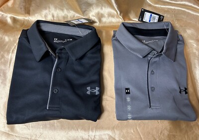 LOT of 2 : Authentic sz LARGE Under Armour Loose-fit Golf Polo Shirt black gray