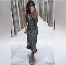 New Zara Silver Gray Foil Printed Metallic Midi Slip Dress 8704/734 Small Medium
