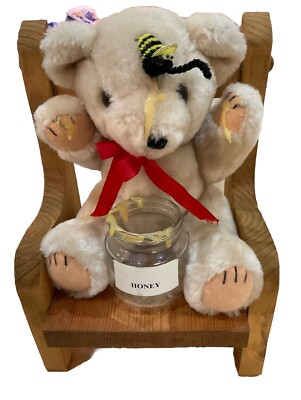 Honey Bear In a Chair Stuffed Bear And Wooden Chair