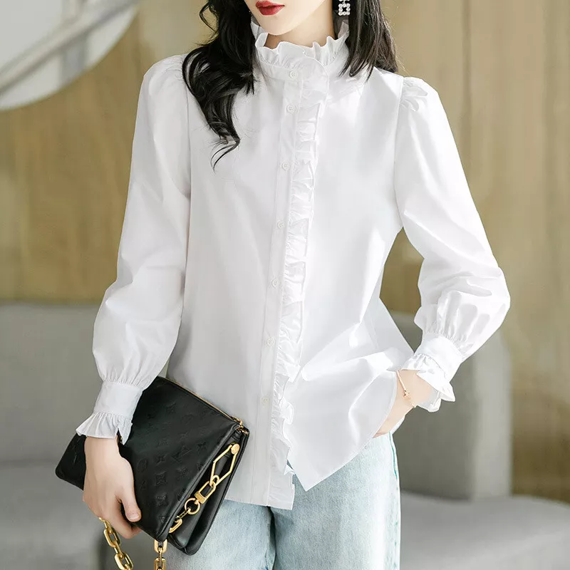 Womens White Cotton Ruffles Stand Collar Long Sleeves Shirt Loose