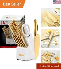 Complete 14-Piece Kitchen Knife Set in Golden Titanium with Ergonomic Handles