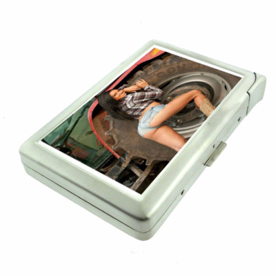 Country Pin Up Girls D1 Cigarette Case with Built in Lighter Metal Wallet 