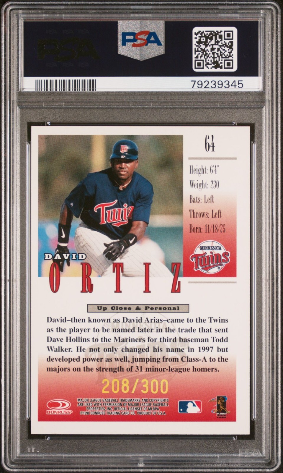 1998 Donruss Studio Studio Gold Press Proof #64 David Ortiz RC /300 PSA 8 view 2