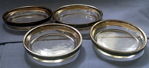 Vtg glasses barware tumbler & coaster & caddy set KIMIKO silver plate glass MCM - Picture 3 of 6
