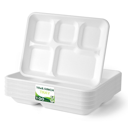 100 Pack 5-Compartment Plate Disposable, Compostable Divided Disposable Dinne...