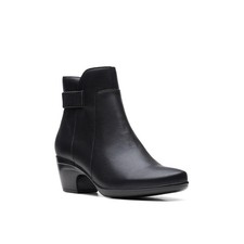 Clarks Womens 10 W Black Leather Emily Holly Ankle Block Heel Booties DISPLAYNB1