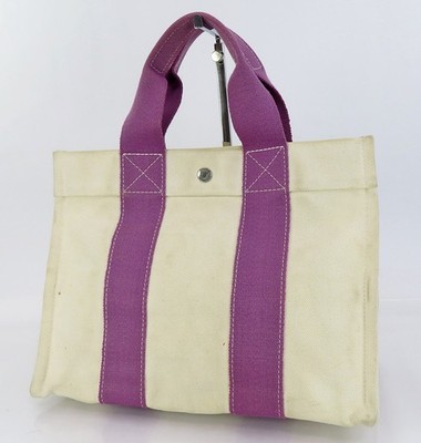 Echte HERMES Fourre Tout Bora Bora Canvas-Einkaufstasche cremeweiß und lila #...