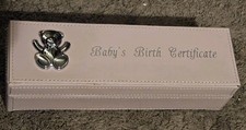 EUC Babys Birth Certificate Faux Leather Pink Storage Box w/ Silver Bear Accent