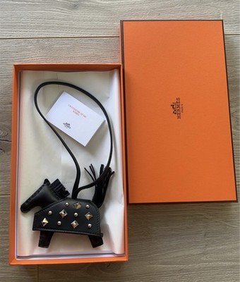 New Hermes Rodeo Robeo Rock PM Leather Bag Charm Black Noir Silver Hardware Stud
