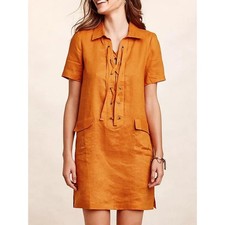 Maeve Anthropologie linen orange mango tie front collared mini dress size US 6