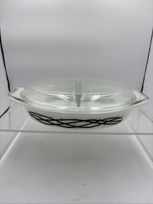 Pyrex Barbed Wire Black & White Divided Casserole W/ Lid Vintage 1950 s retired