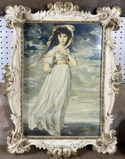 Mid Century Rococo Revival Ornate Molded Frame Romantic Lady Print 