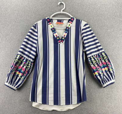 Vilagallo 42 Blue White Striped Embroidered Blouse 3/4 Sleeve V-Neck Top
