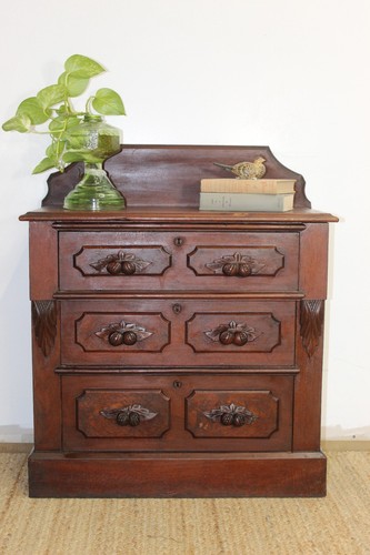 Victorian Carved Walnut Antique Commode, Nightstand, Small Chest