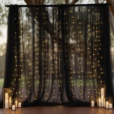 10x8ft Black Tulle Backdrop Curtain, Lights String, Sheer, Wedding, Party Photo