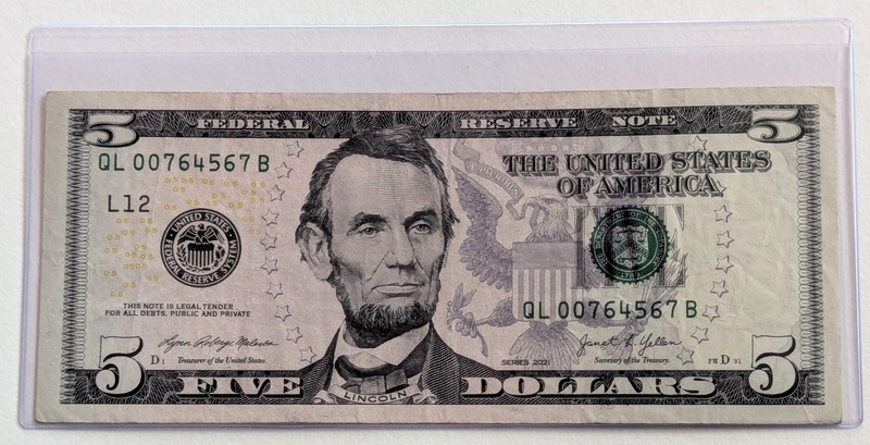 US Five Dollars, 2021, $5 Federal Reserve Note, Low Serial Number