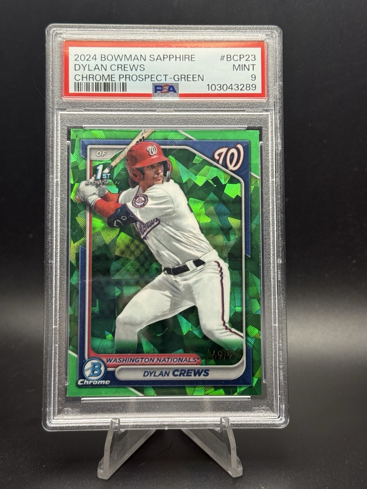 2024 Bowman Sapphire Dylan Crews Chrome Green 1st #69/99 Nationals PSA 9
