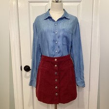 Burgundy Corduroy Mini Skirt Button Front Vintage - Size Large