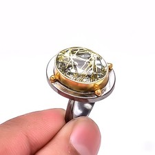 Golden Rutilated Quartz Two Tone Designer 925 Sterling Silver Ring S.9 R30