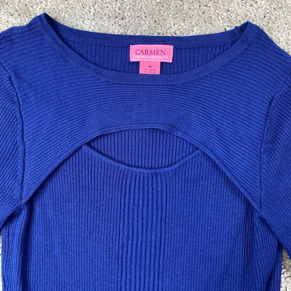 Suéter tejido elástico Carmen Marc Valvo Boobcut para mujer manga larga mediana azul Foto 2 de 4