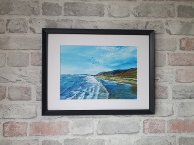 Original auffälliges Acryl Landschaft Gemälde ''Rhossili Beach Bay'' gerahmte Kunst