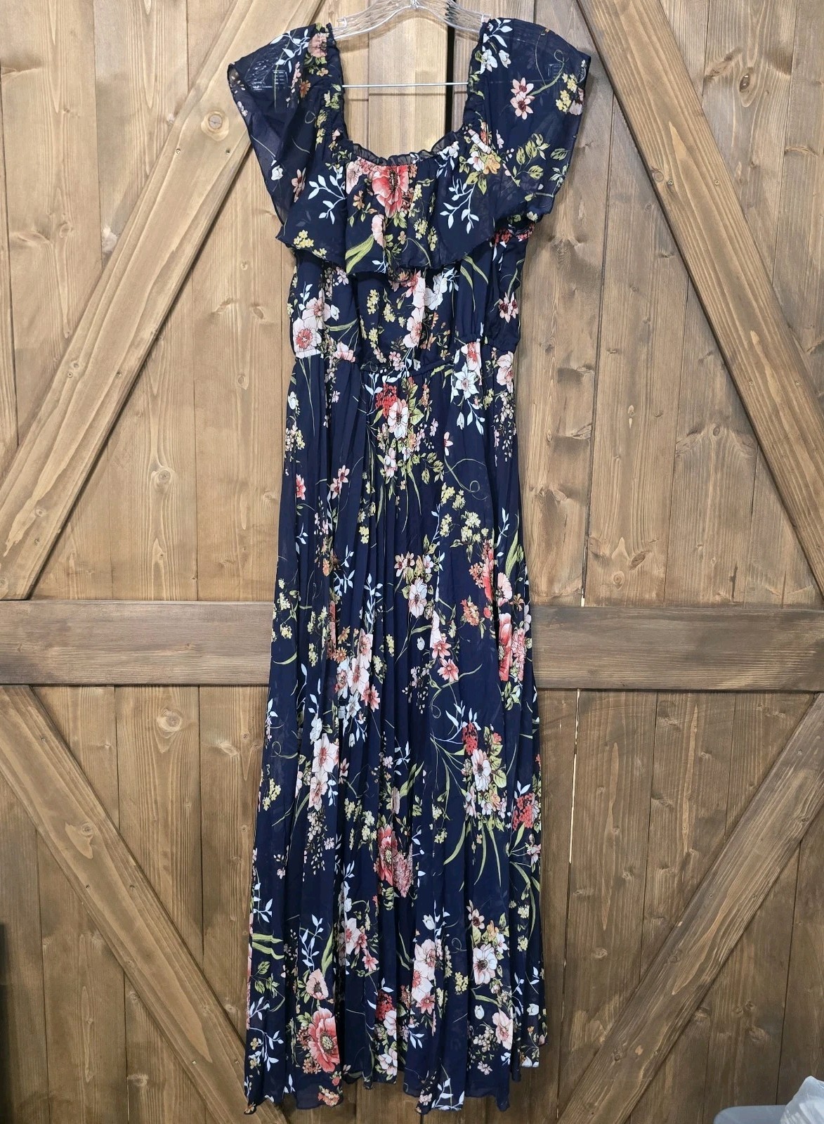 Indigo Rose Navy Blue Floral Maxi Dress Women’s Size L Ruffle Off Shoulder Boho
