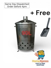 90L XL Galvanised Metal Incinerators Garden Waste Wood  Fire Bin Burner + Shovel