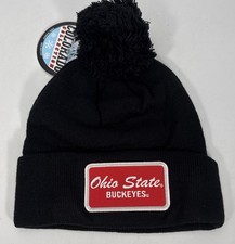 Ohio State Buckeyes Black Pom Beanie Cuffed Knit Hat Patch NCAA OSU -NEW