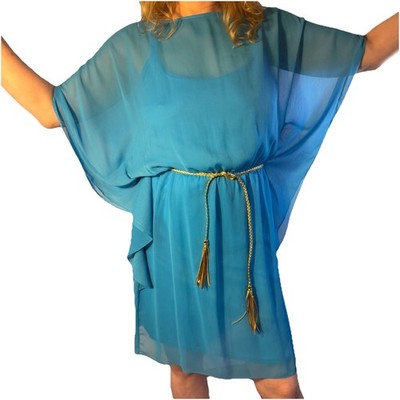 Blue Shear Chiffon Dress Full Slip Gold Braided Belt Fairycore Disco Coquette