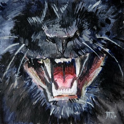 ACEO Acrylic Original black cat details cat's mouth fangs Gothic decor