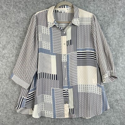 Rose + Olive Top Womens 1X Patchwork Print Button Up 3/4 Sleeve Lightweight Boho