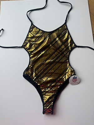 Malibu Strings Gold Metallic High Cut Monokini One Piece Swimsuit NWT Medium USA